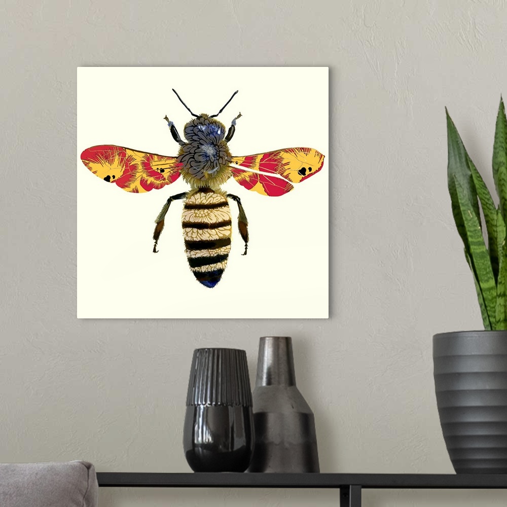 A modern room featuring Contemporary painting of a honey bee against a beige surface.