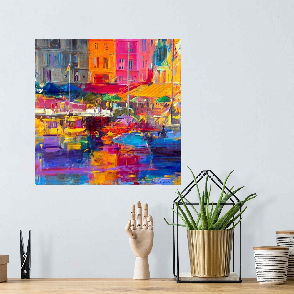 A bohemian room featuring A landscape painting of a harbor painted with impressionistic brushstrokes and vivid unnatural hues.