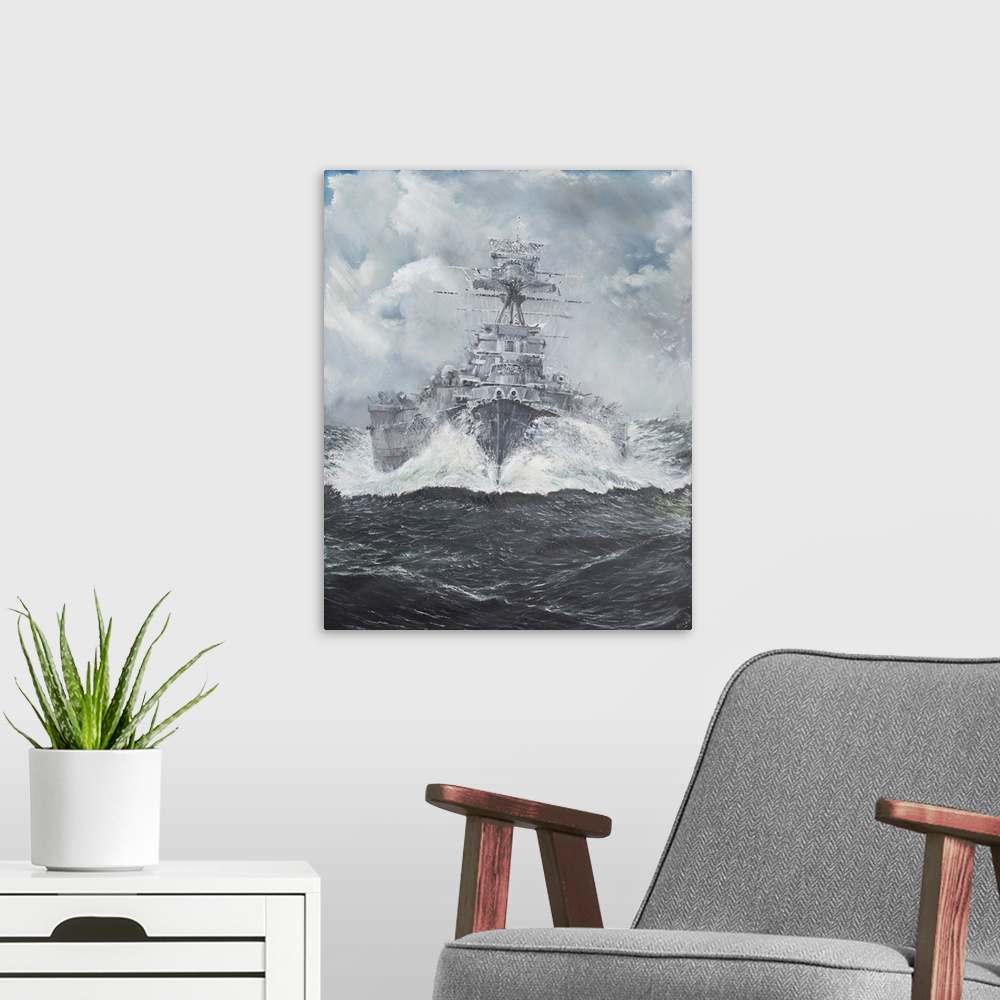 A modern room featuring Contemporary painting of a military ship on rough seas.