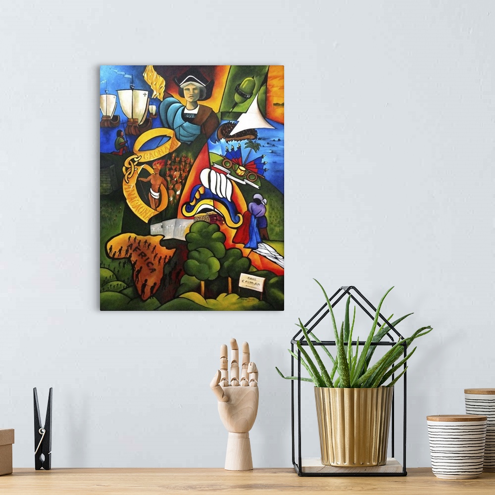 A bohemian room featuring Contemporary painting featuring elements of history including Christopher Columbus and African sl...