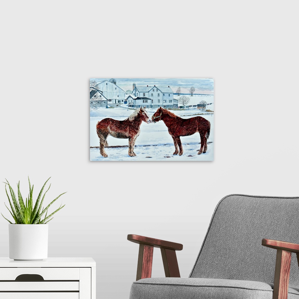 A modern room featuring Horses, Amish Farm, Lancaster, Pa., 2018 (originally watercolor) by Butera, Anthony
