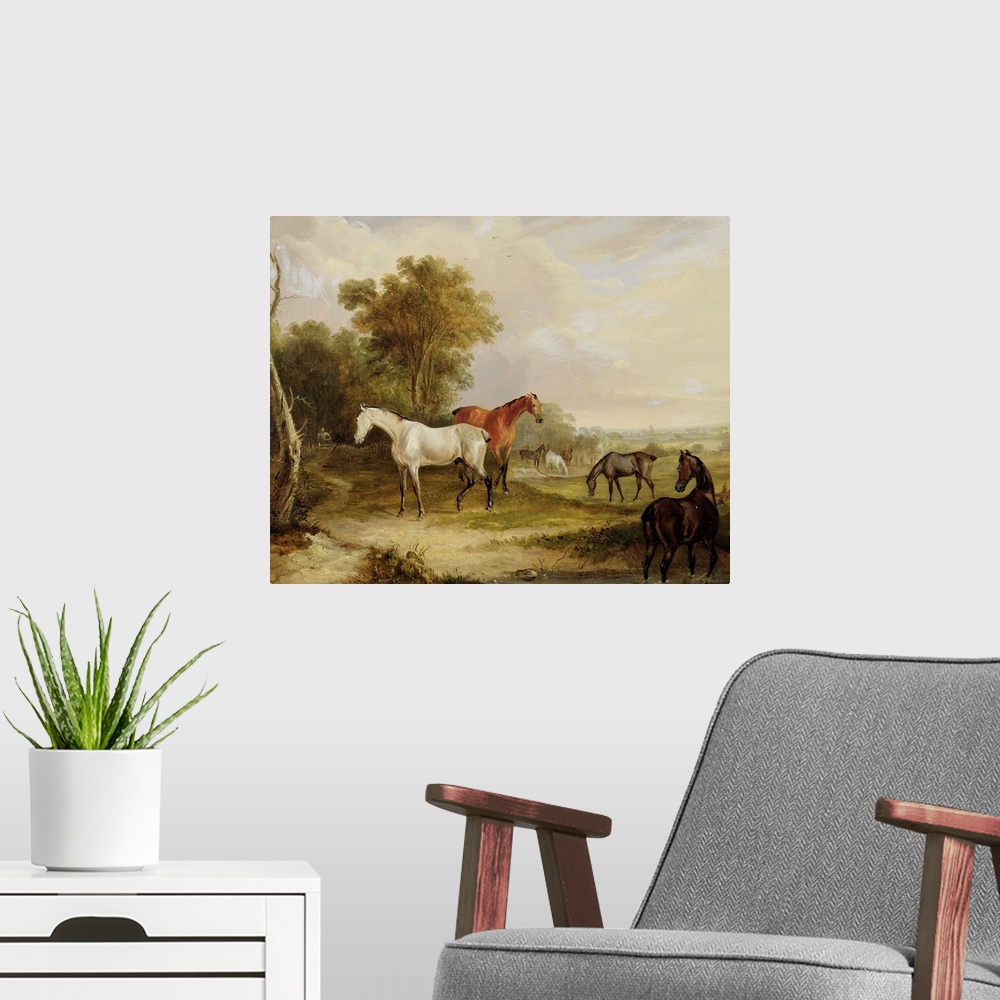 A modern room featuring Horses Grazing: A Grey Stallion grazing with Mares in a Meadow