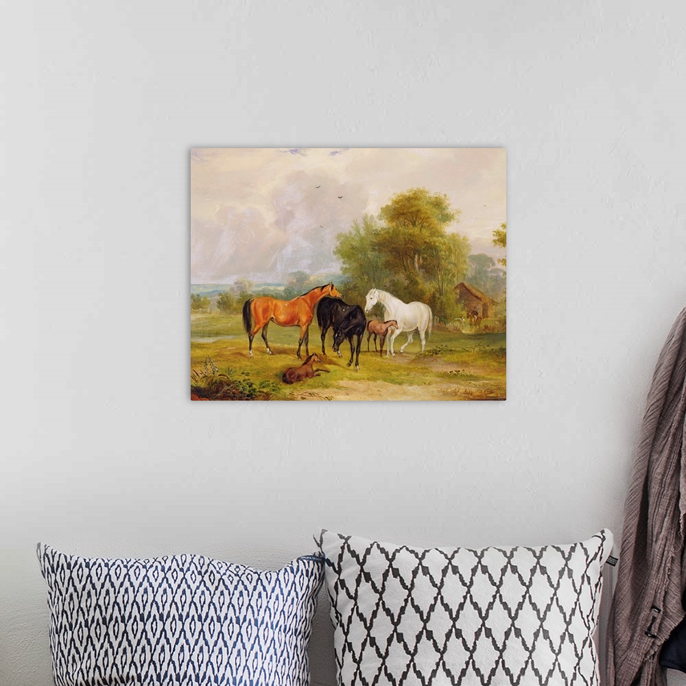 A bohemian room featuring Horses Grazing: Mares and Foals in a Field
