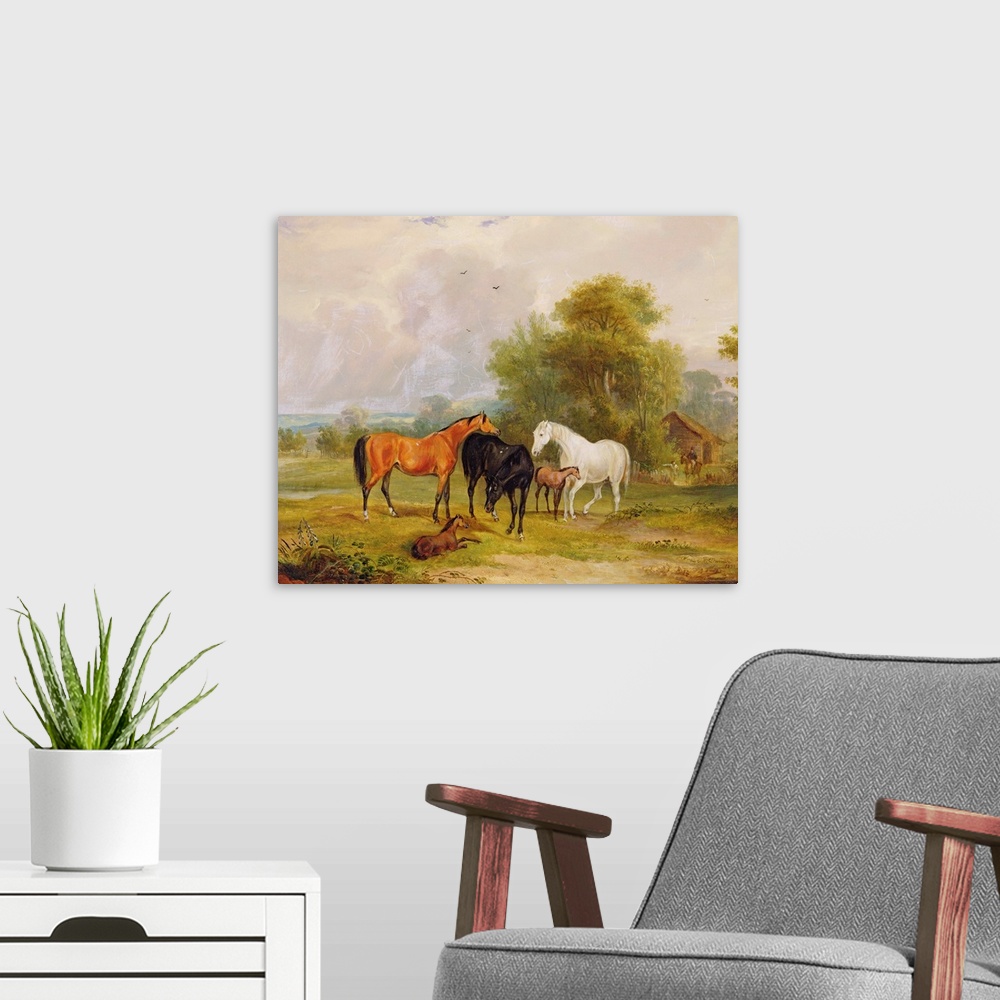 A modern room featuring Horses Grazing: Mares and Foals in a Field