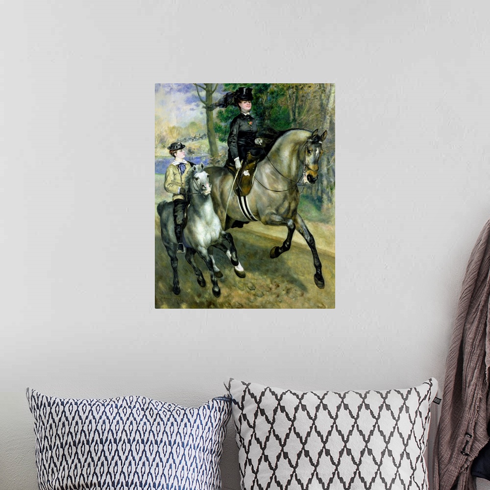 A bohemian room featuring Huge classic art depicts a finely dressed woman and boy riding a couple of horses down a path nex...