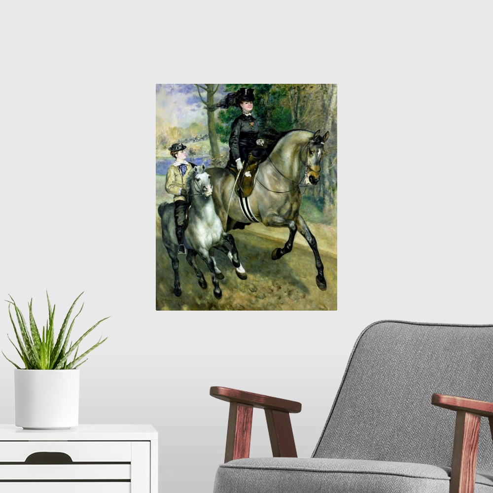 A modern room featuring Huge classic art depicts a finely dressed woman and boy riding a couple of horses down a path nex...