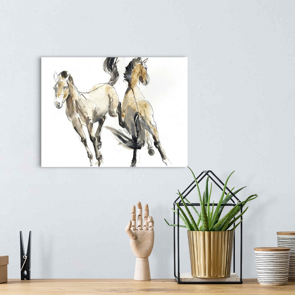 A bohemian room featuring Contemporary artwork of two Mongolian Przewalski horses against a white background.