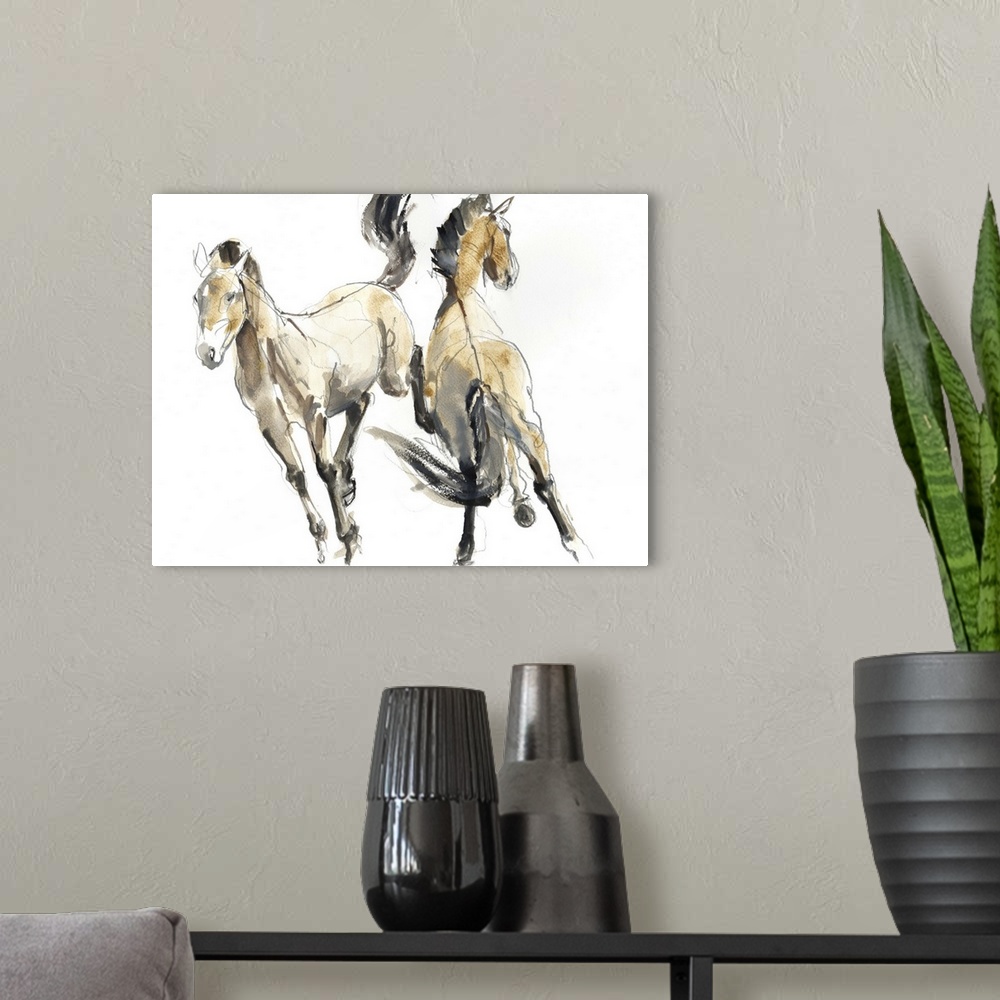 A modern room featuring Contemporary artwork of two Mongolian Przewalski horses against a white background.