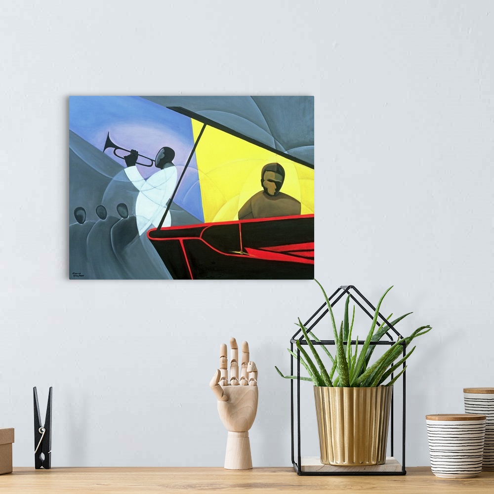 A bohemian room featuring Horizontal, oversized contemporary painting with minimal detail of jazz musicians, one in warmer ...