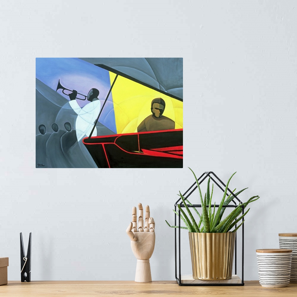 A bohemian room featuring Horizontal, oversized contemporary painting with minimal detail of jazz musicians, one in warmer ...