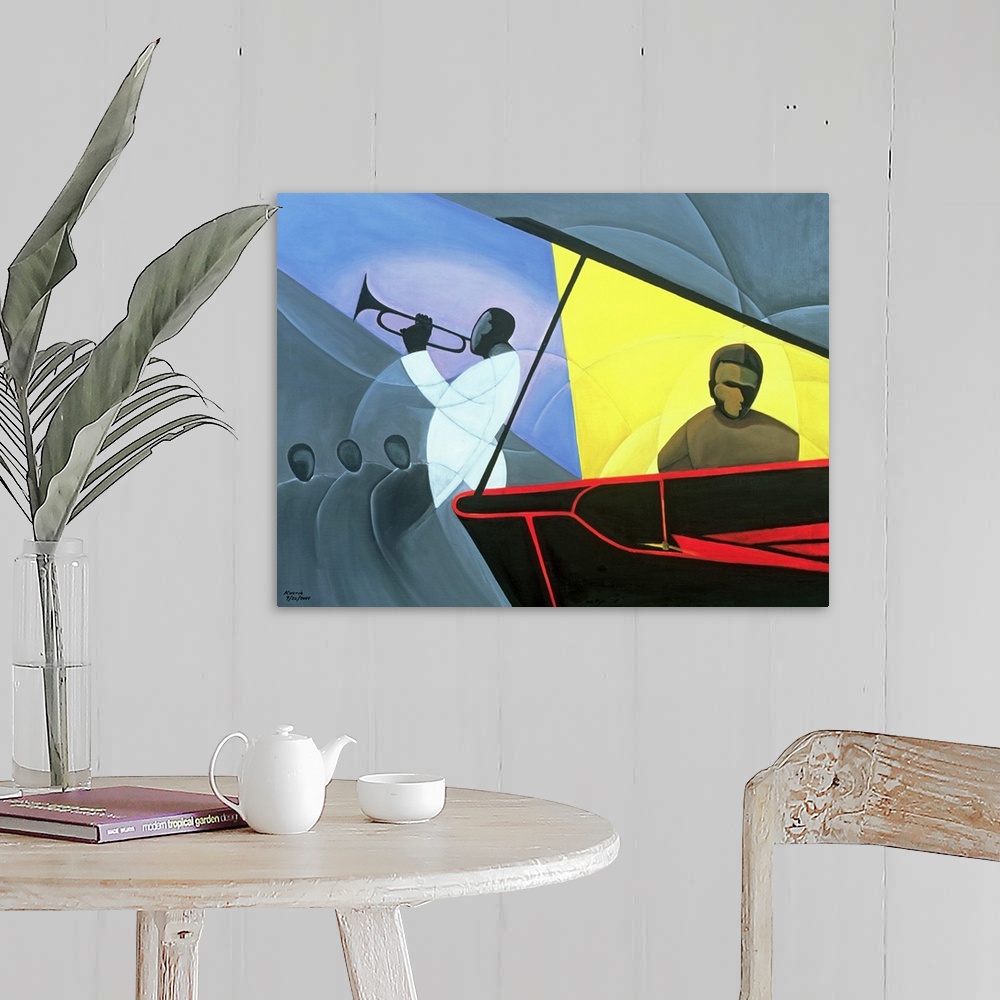 A farmhouse room featuring Horizontal, oversized contemporary painting with minimal detail of jazz musicians, one in warmer ...