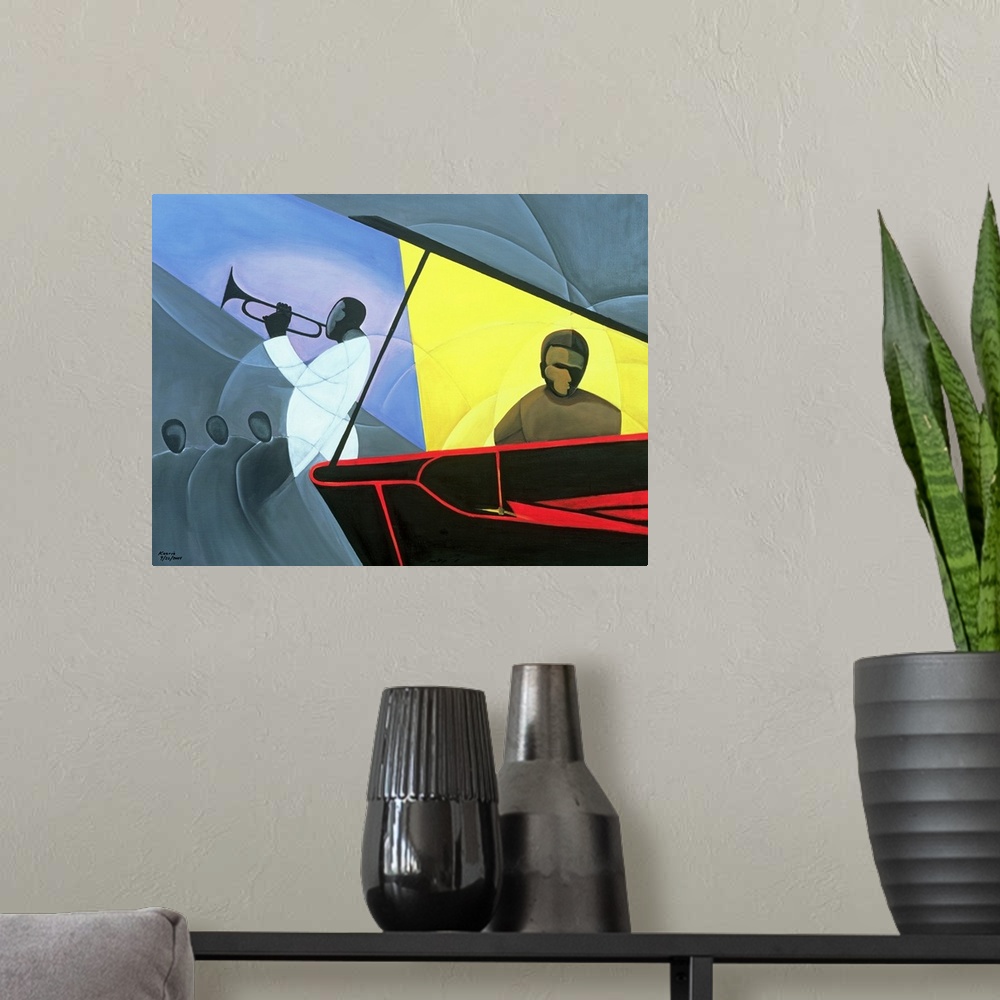 A modern room featuring Horizontal, oversized contemporary painting with minimal detail of jazz musicians, one in warmer ...
