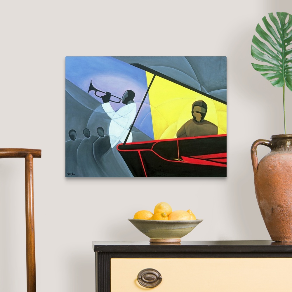 A traditional room featuring Horizontal, oversized contemporary painting with minimal detail of jazz musicians, one in warmer ...