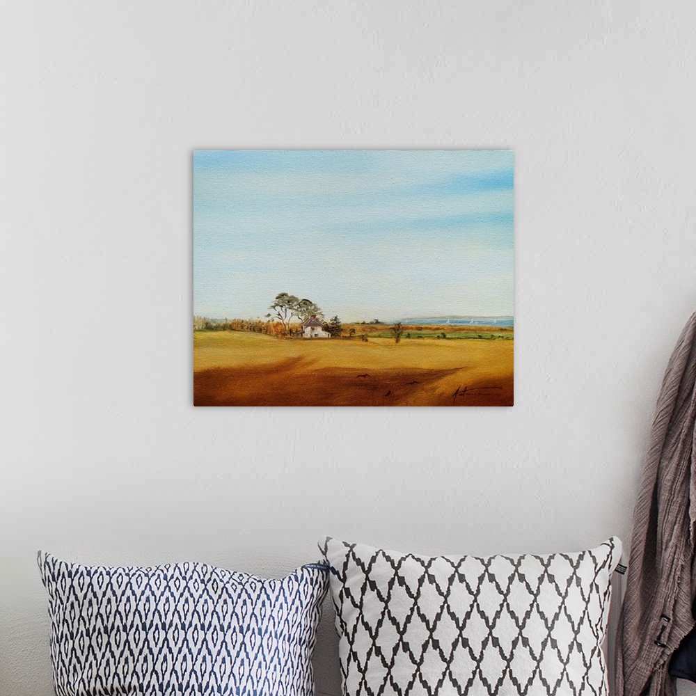 A bohemian room featuring House and Fields, 2016, originally oil on canvas.