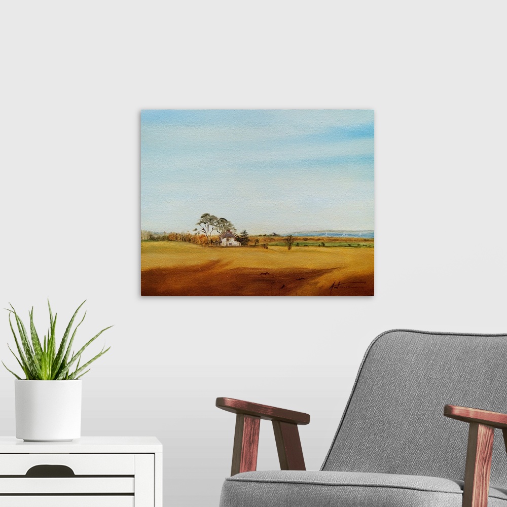 A modern room featuring House and Fields, 2016, originally oil on canvas.