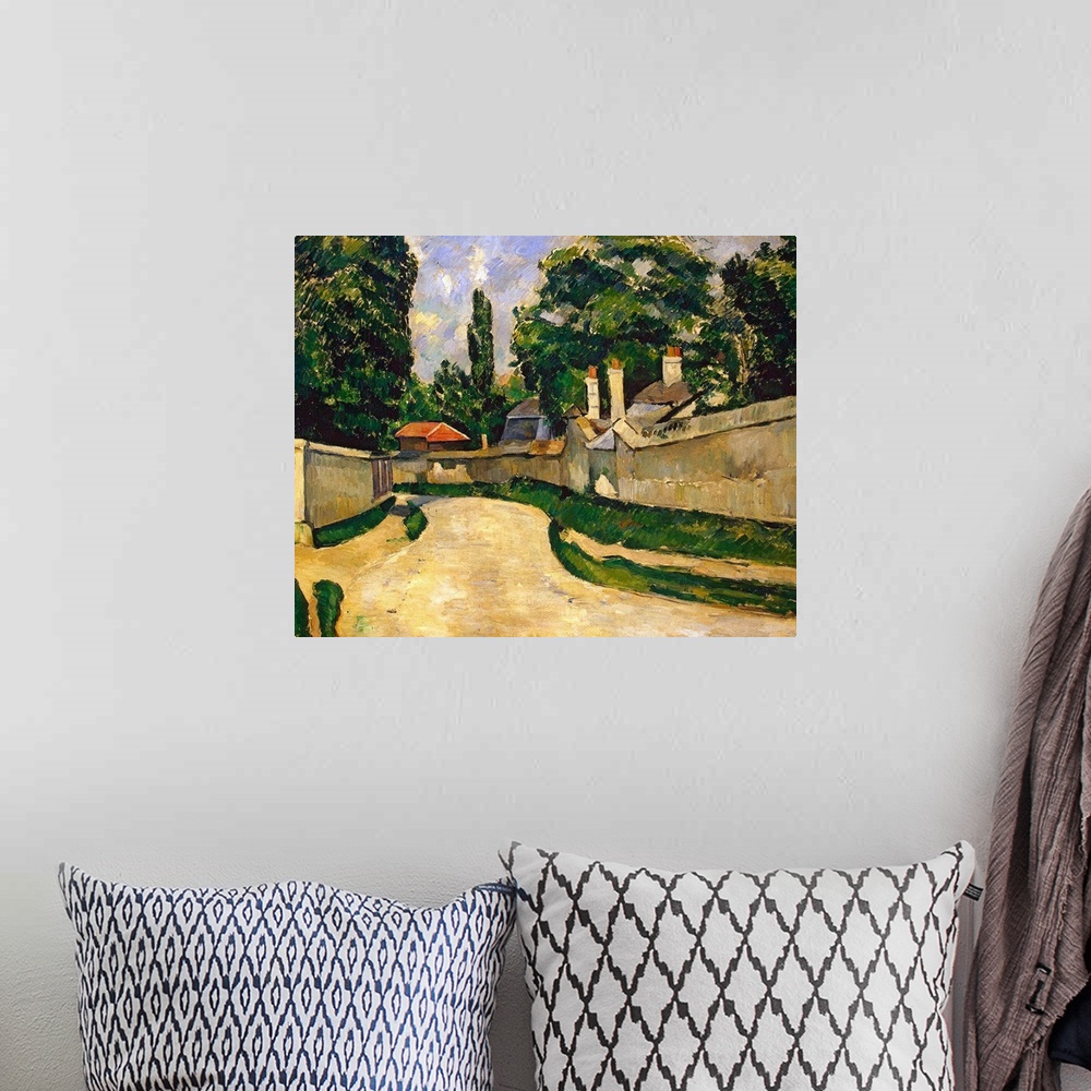 A bohemian room featuring Landscape, classic art painting on a large canvas of a winding road with stone walls on either si...