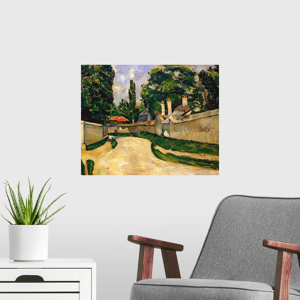 A modern room featuring Landscape, classic art painting on a large canvas of a winding road with stone walls on either si...