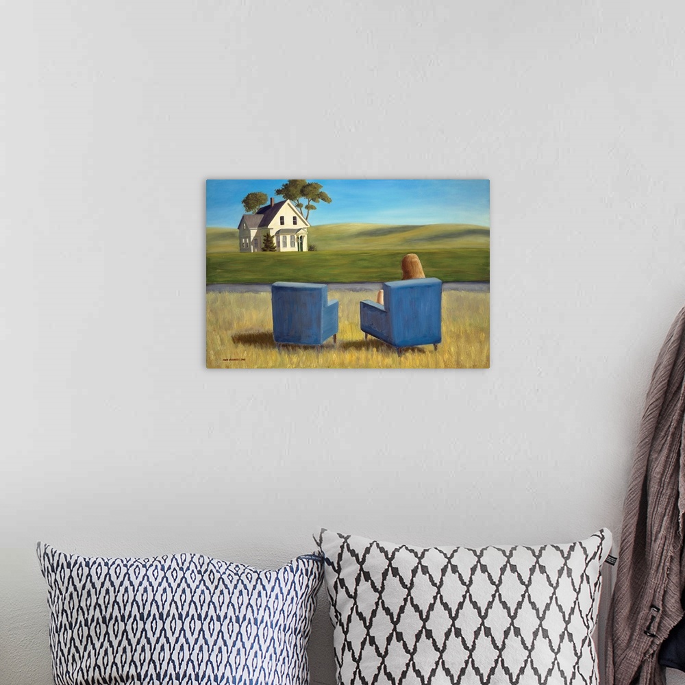 A bohemian room featuring Contemporary painting of two blue armchairs in a field, with a woman seated in one of them.
