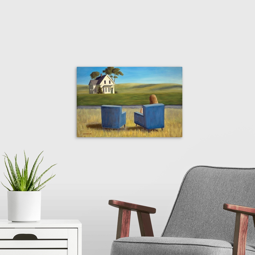 A modern room featuring Contemporary painting of two blue armchairs in a field, with a woman seated in one of them.