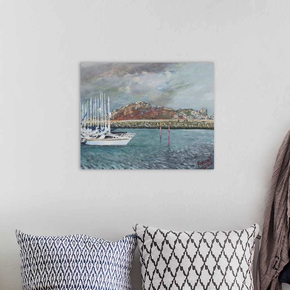 A bohemian room featuring Contemporary painting of sailboats lined up in a harbor.