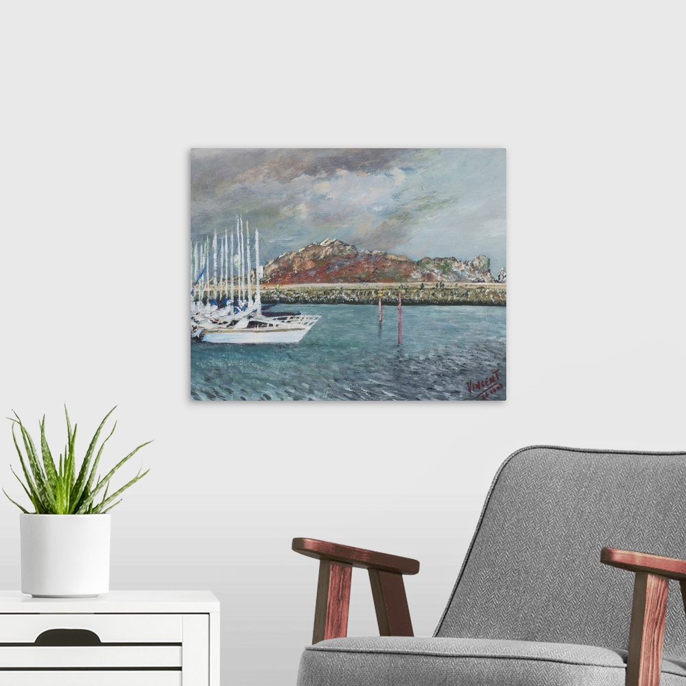 A modern room featuring Contemporary painting of sailboats lined up in a harbor.