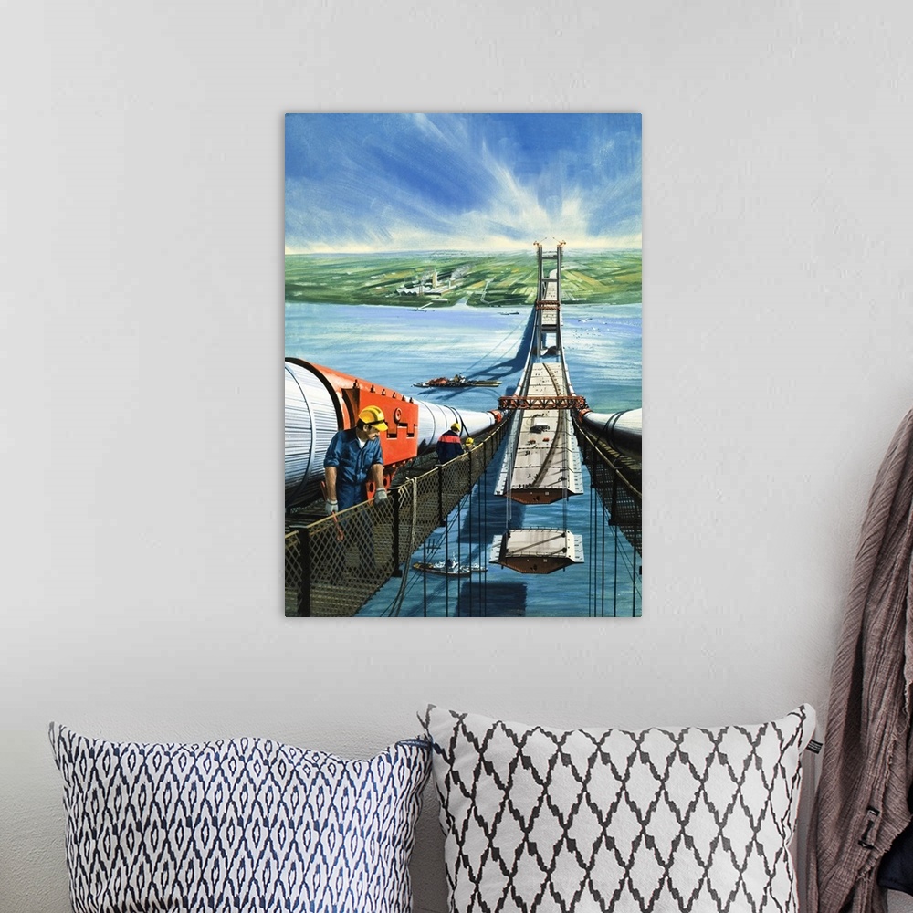 A bohemian room featuring Humber Estuary Bridge Under Construction. Original artwork for cover of "Look and Learn," issue 9...