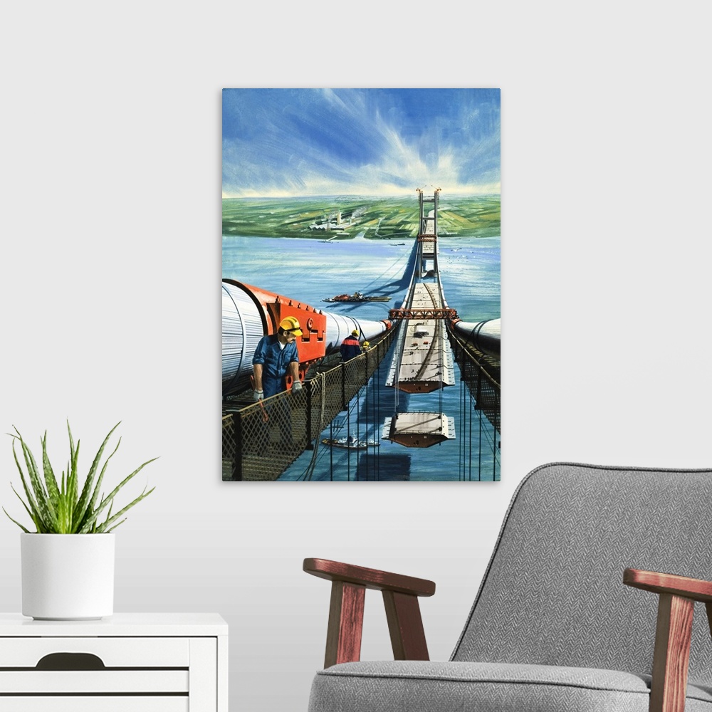 A modern room featuring Humber Estuary Bridge Under Construction. Original artwork for cover of "Look and Learn," issue 9...
