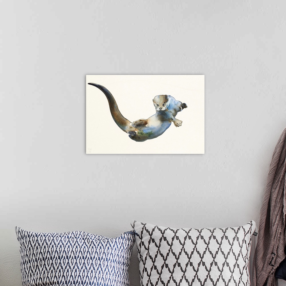 A bohemian room featuring Contemporary artwork of a sea otter from under water.
