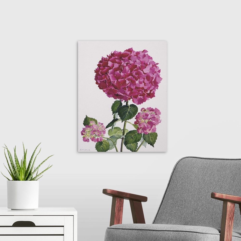 A modern room featuring Contemporary painting of a pink flowering hydrangea.