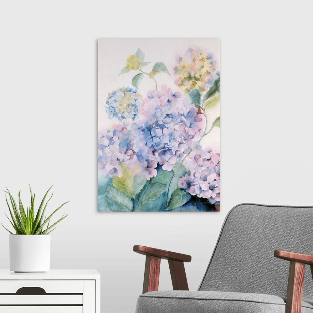 A modern room featuring KA13182 Hydrangea, Blue Wave I by Armitage, Karen (Contemporary Artist); Private Collection; Engl...