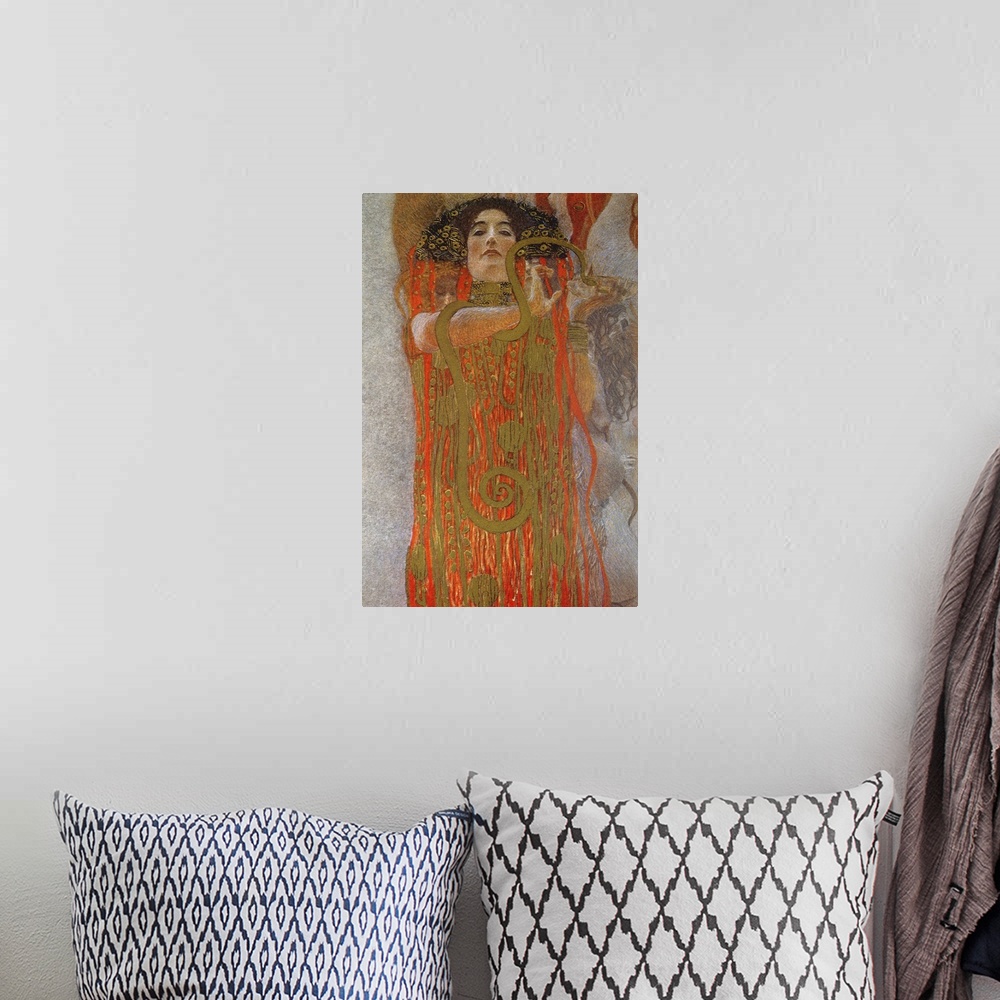 A bohemian room featuring Vertical, oversized classic art on canvas of Hygieia, the goddess of good health, holding a snake...