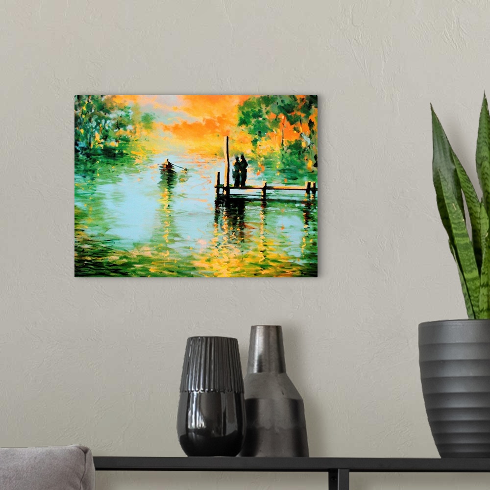 A modern room featuring Contemporary painting of a silhouetted figures on a dock watching a boat row away down the river.