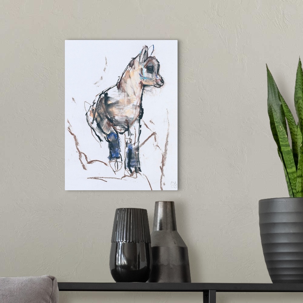A modern room featuring Contemporary wildlife painting of a young mountain goat.