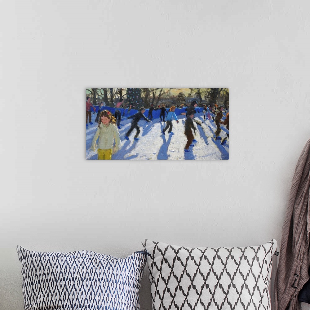 A bohemian room featuring Contemporary painting of children ice skating in the winter.