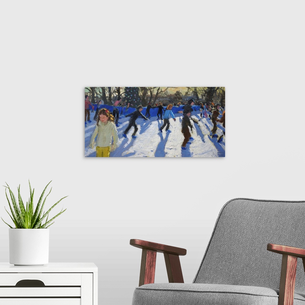 A modern room featuring Contemporary painting of children ice skating in the winter.