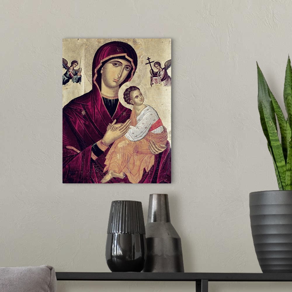 A modern room featuring XIR247201 Icon depicting the Holy Mother of the Passion (oil on panel) by Greek School, (16th cen...