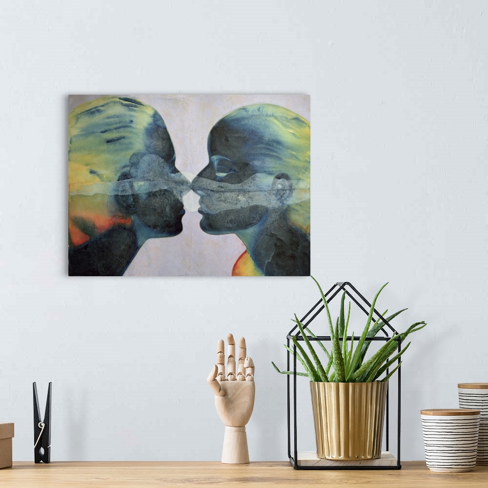 A bohemian room featuring Contemporary watercolor painting of two people face to face.