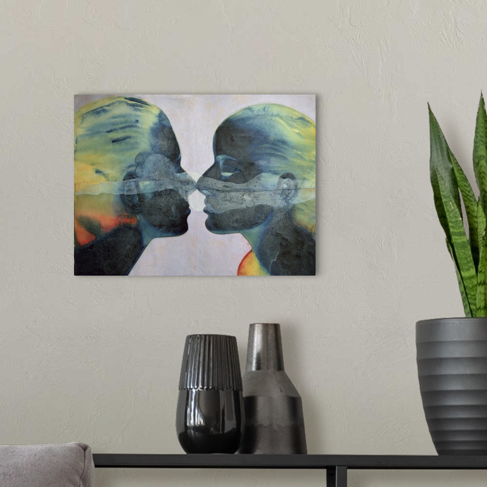 A modern room featuring Contemporary watercolor painting of two people face to face.