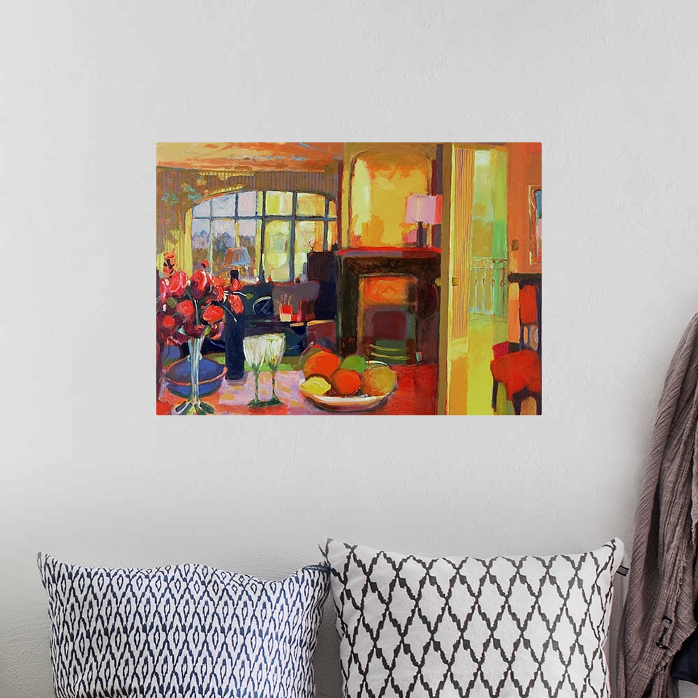 A bohemian room featuring Still oil painting of room with table that has a bowl of fruit, a vase of flowers, a bottle of wi...
