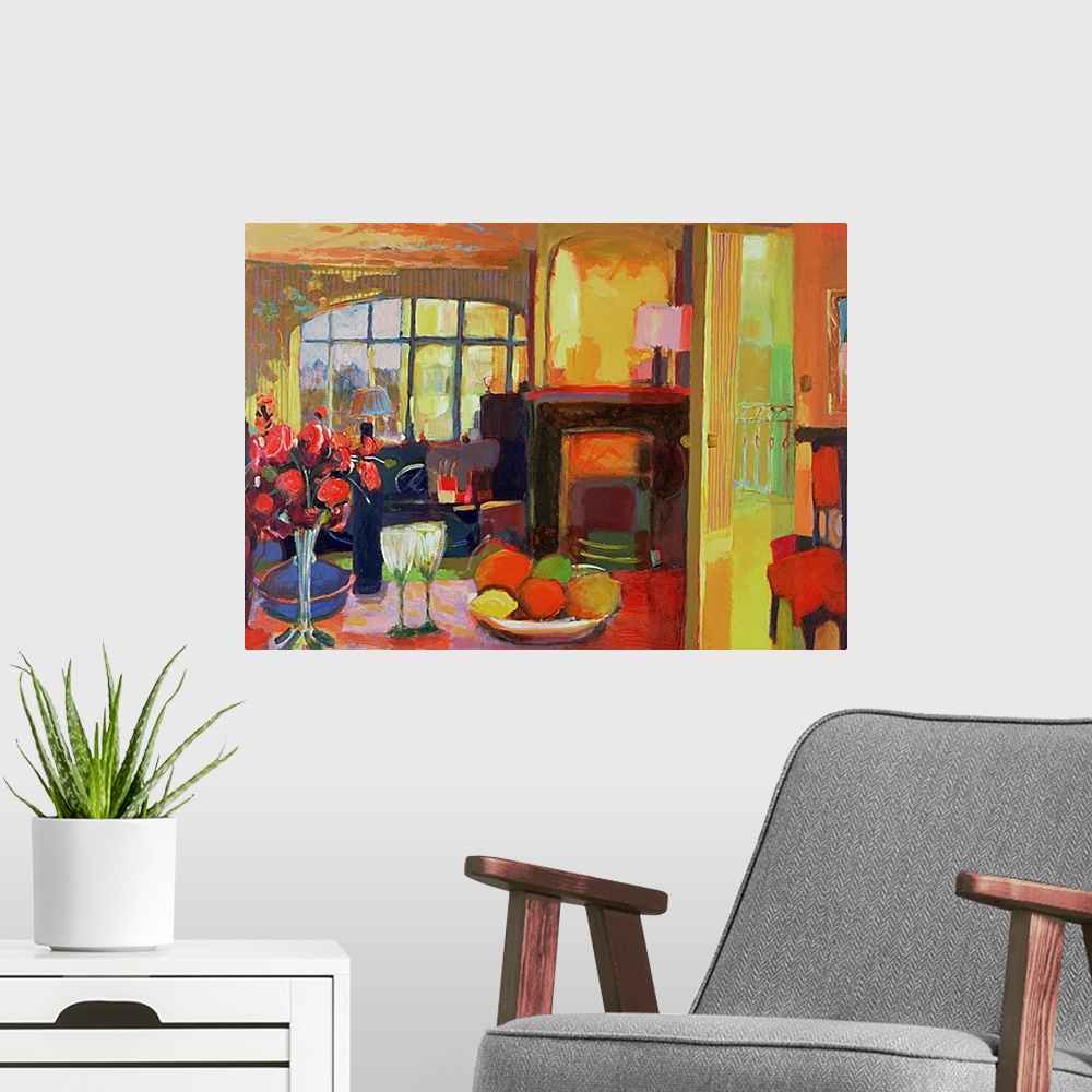 A modern room featuring Still oil painting of room with table that has a bowl of fruit, a vase of flowers, a bottle of wi...