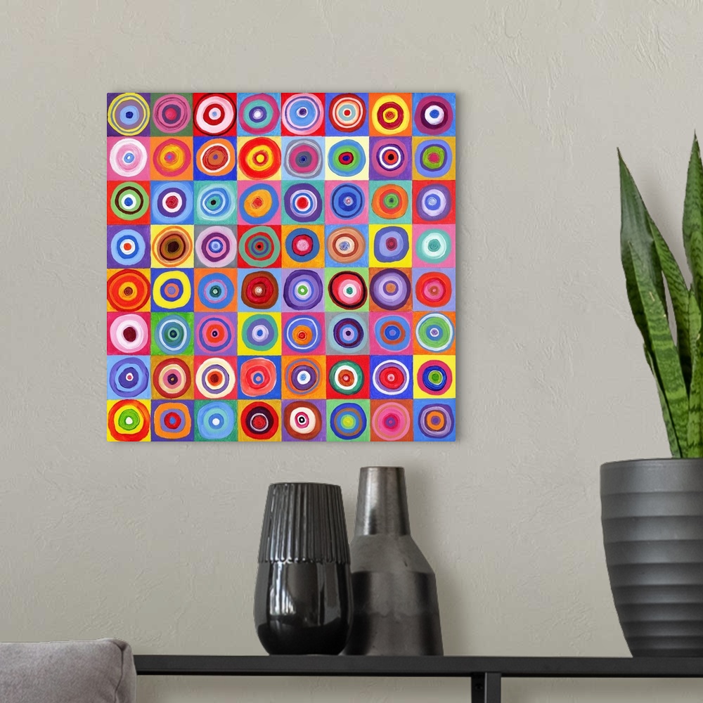 A modern room featuring In Square Circle 64 after Kandinsky, 2012, (acrylic on canvas)