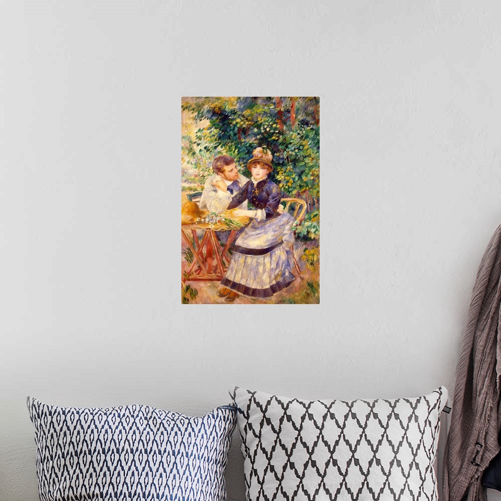 A bohemian room featuring A classic piece of artwork with two people sitting in a garden at a small table as the woman look...