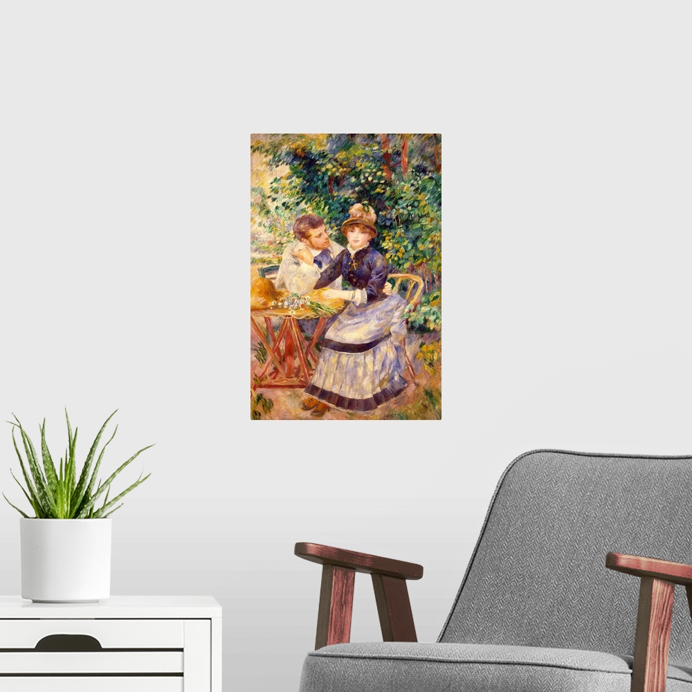 A modern room featuring A classic piece of artwork with two people sitting in a garden at a small table as the woman look...