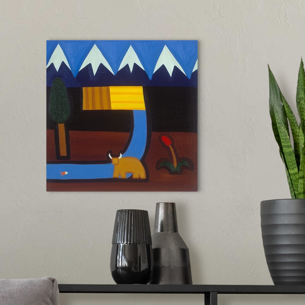 A modern room featuring Contemporary painting of a bull by the Andes Mountains in Peru.