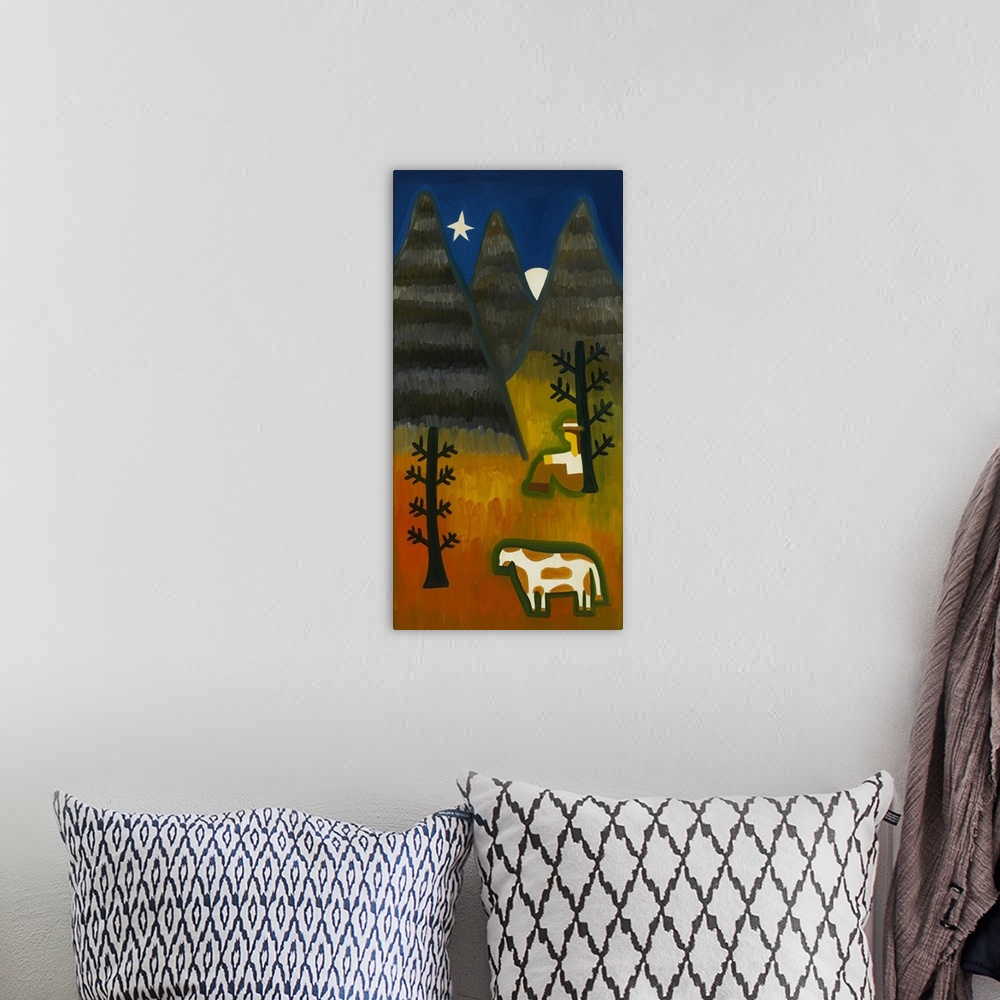 A bohemian room featuring Contemporary painting of a man sitting in the forest with a cow at night.