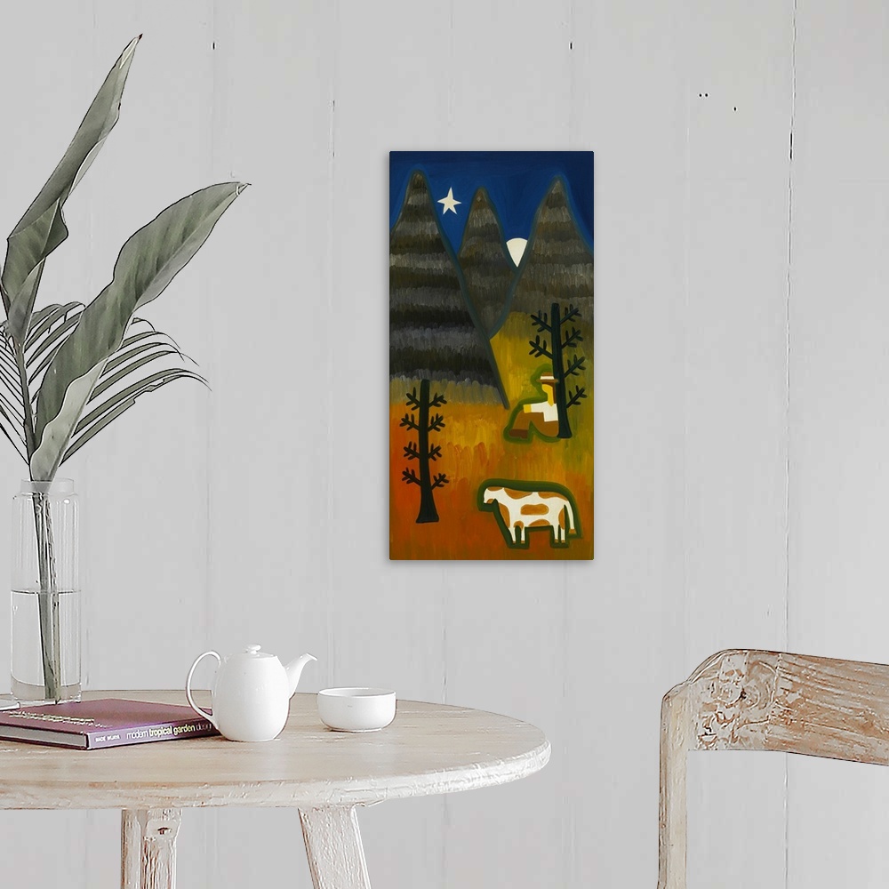A farmhouse room featuring Contemporary painting of a man sitting in the forest with a cow at night.