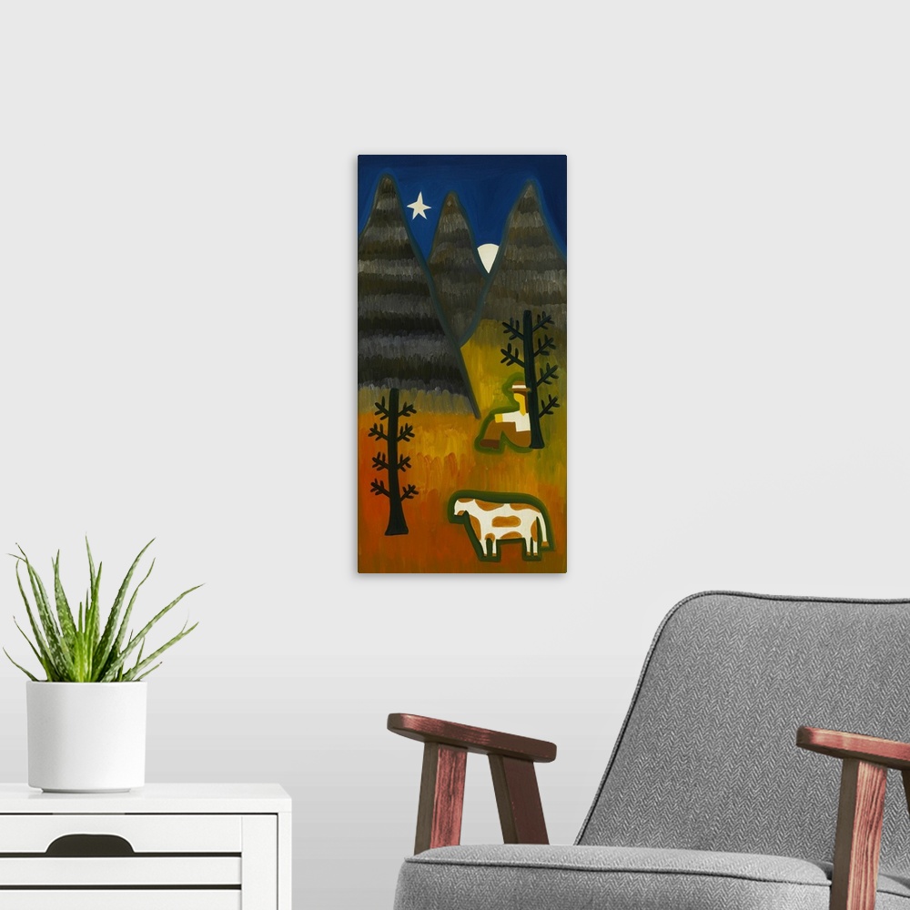 A modern room featuring Contemporary painting of a man sitting in the forest with a cow at night.