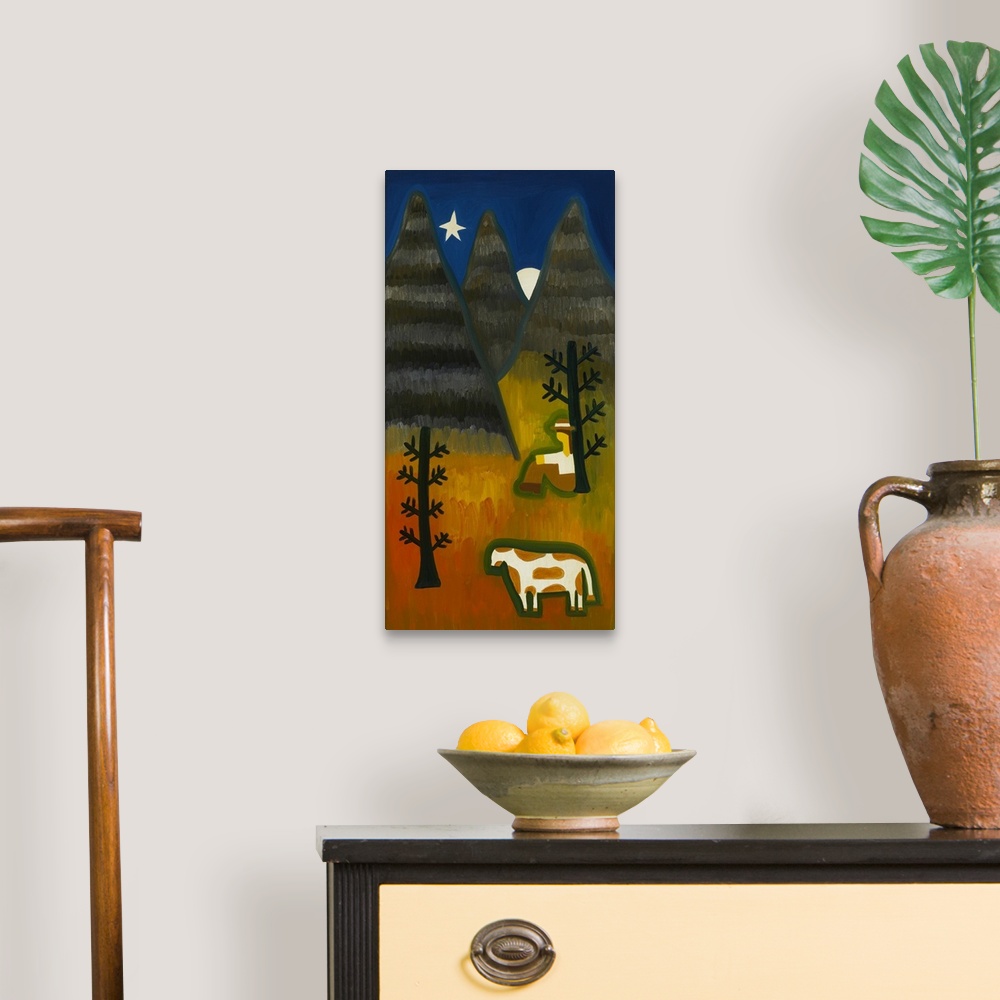 A traditional room featuring Contemporary painting of a man sitting in the forest with a cow at night.
