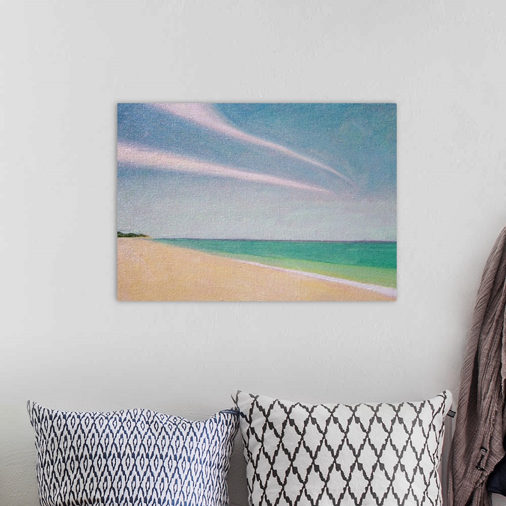 A bohemian room featuring Contemporary painting of a sandy beach with tropical turquoise water and two long clouds stretchi...
