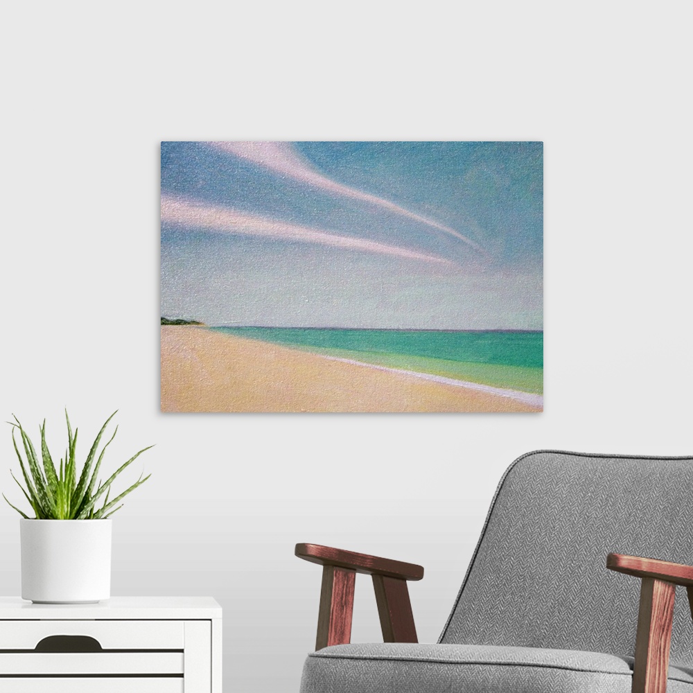 A modern room featuring Contemporary painting of a sandy beach with tropical turquoise water and two long clouds stretchi...